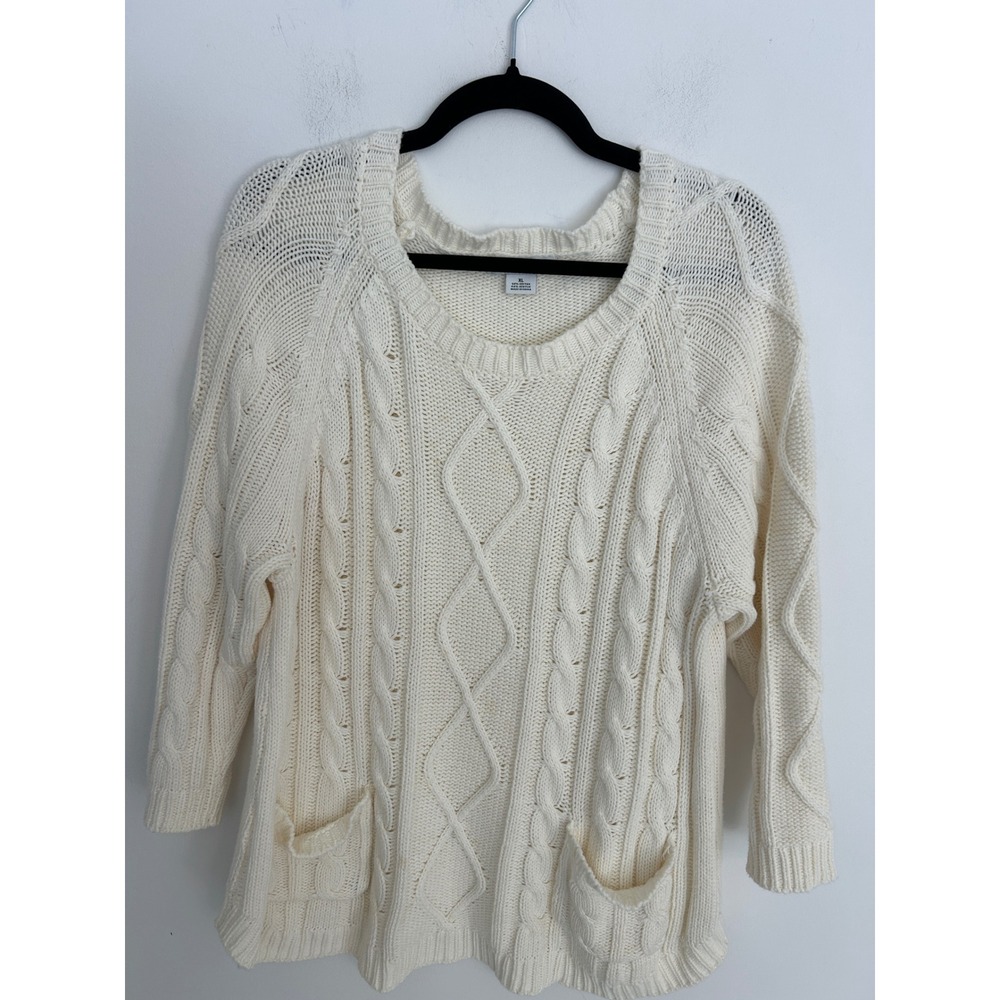 Liz Claiborne Cream Cable Knit Sweater Womens XL Cotton Blend Pocket Pullover